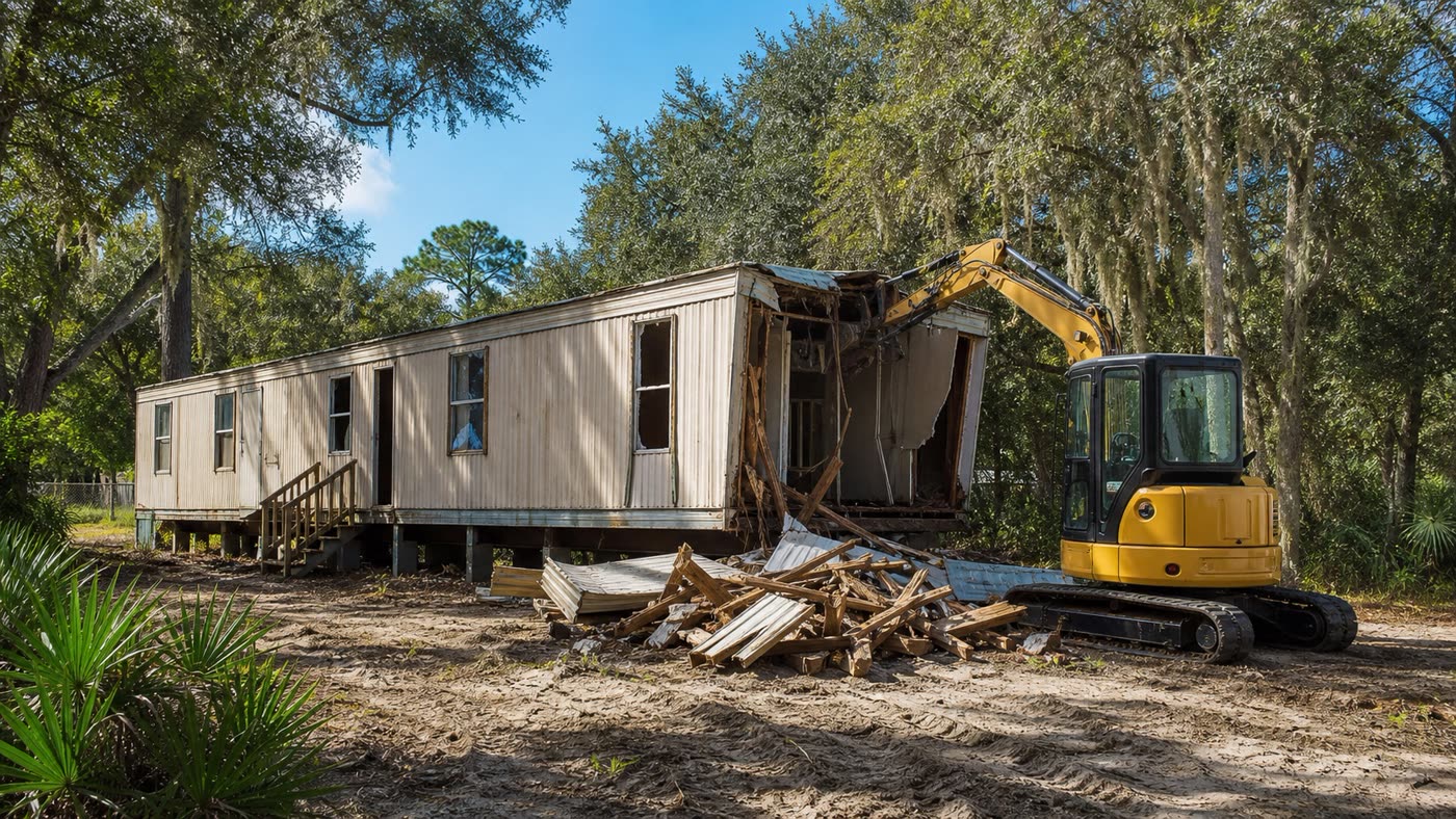 Excavator demolishing an older single-wide mobile home on a wooded Central Florida property